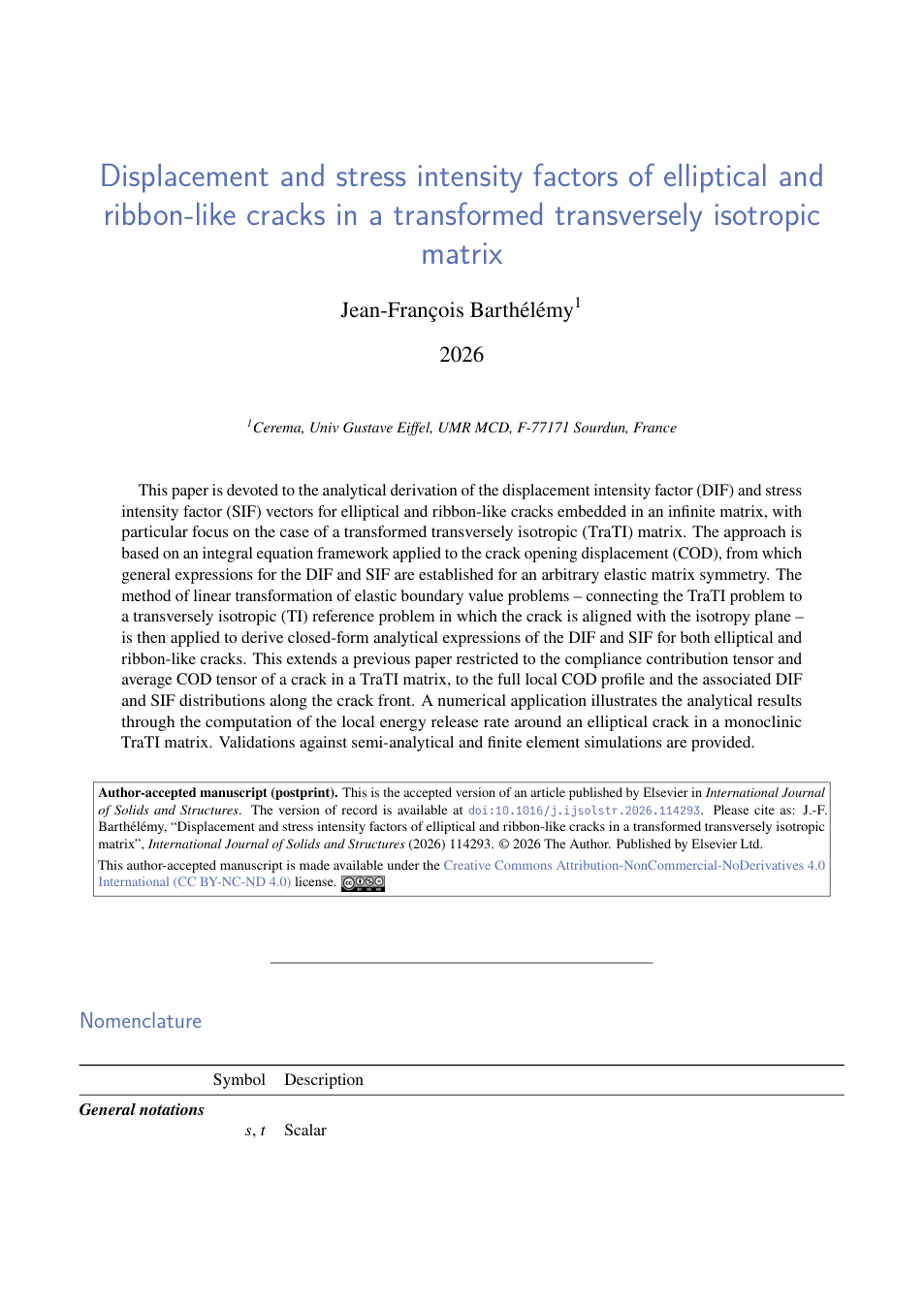 First page of Displacement and stress intensity factors of elliptical and ribbon-like cracks in a transformed transversely isotropic matrix